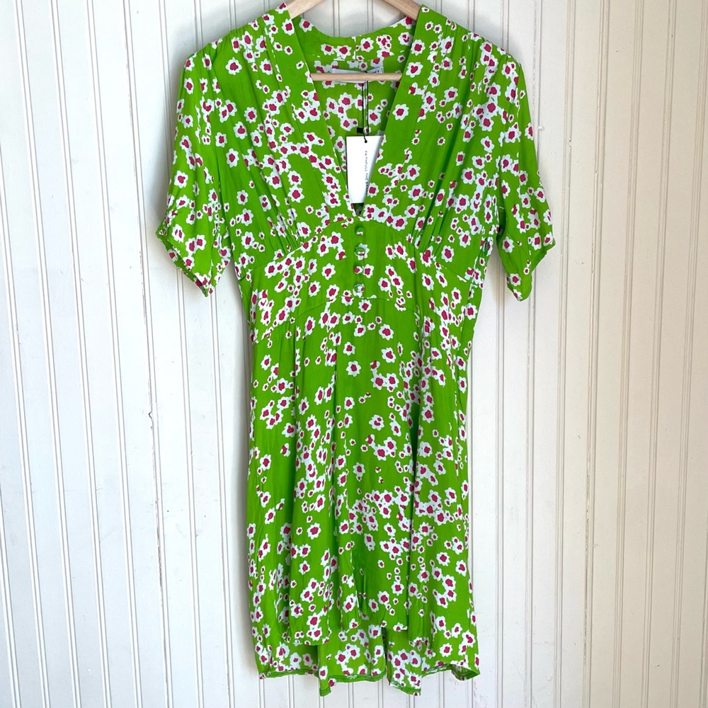 Faithfull the Brand Green Floral Mini Dress with Pink & White Daisies